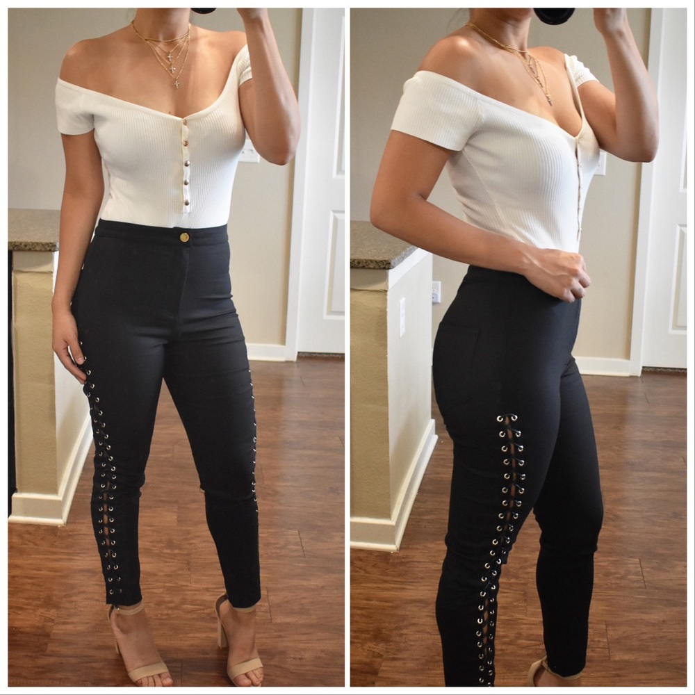 Lace Up Detail High Waist Pants